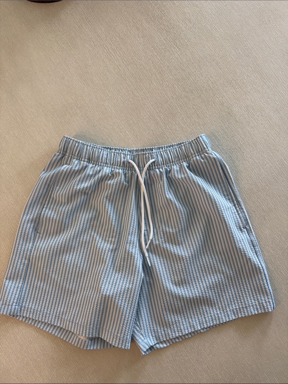 Hollister Light Blue and White Striped Swim Trunks